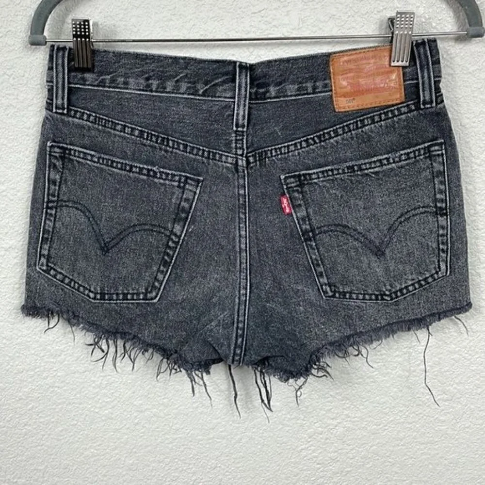 Levis 501 Big E High Rise Cut Off Shorts Washed Trashed Black Sz 26